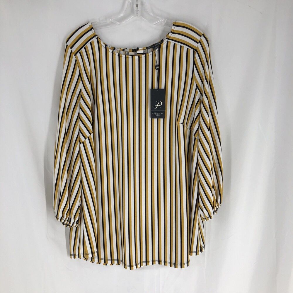 Adrianna Papell Blouse Womens 1X Mustard Yellow Vertical Stripe 3/4 Sleeve Top